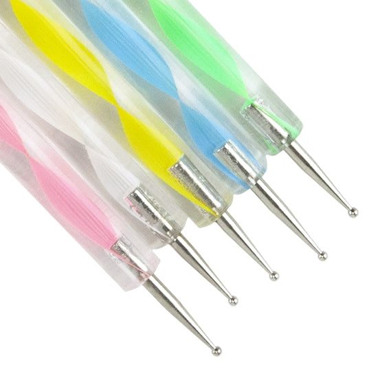 Double-Ended Steel Ball Tip Sculpting Tools  Use these Ball Tip Sculpting Tools to sculpt your clay into the masterpiece that you envision. These tools are double ended with a variety of sizes, and feature colored ribbon handle easy to find on your bench. Use as a ball burnisher too! Set of 5 tools.