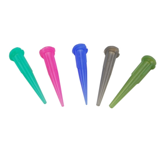 set of Syringe Tips Choice of sizes 14, 16, 18, 20 and 22. Also available in a set of 10 syringe tips in gauges 14, 16, 18, 20 and 22. Smaller gauges are easier to extrude from a fresh syringe that has been allowed to warm to room temperature, approximately 78°F.  Made in the USA Set includes:  2 count: 14 gauge 2 count: 16 gauge 2 count: 18 gauge 2 count: 20 gauge 2 count: 22 gauge