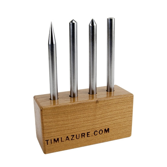 Tim Lazure Tube Riveting Tool Set This tool set is made for creating rivets in soft metals. Select one of the 4 tools - which fit in a handmade wooden stand for easy storage - to make clean rivets of various shapes and sizes. A detailed instruction sheet is included.This riveting tool set is designed to create clean holes in soft metals up to 18 gauge.