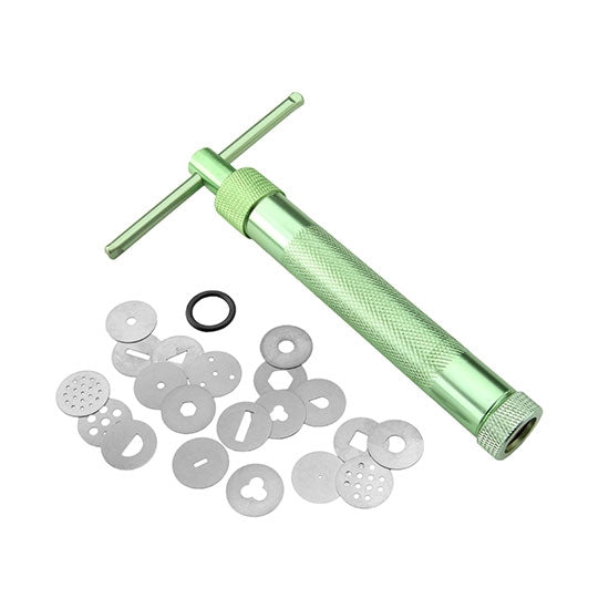 green metal Makin's Professional Ultimate Clay Extruder One extruder, many uses! Create a wide variety of embellishments for your projects using the 20 included discs. Create vines, stems, borders, and letters with the round discs; hair, grass, straw, and floral stamens with the screen discs; basket-weave, latticework, ribbons, and bows with the flat slot discs; and bricks, logs, borders, and small beads with the square, triangle, and half-round discs.