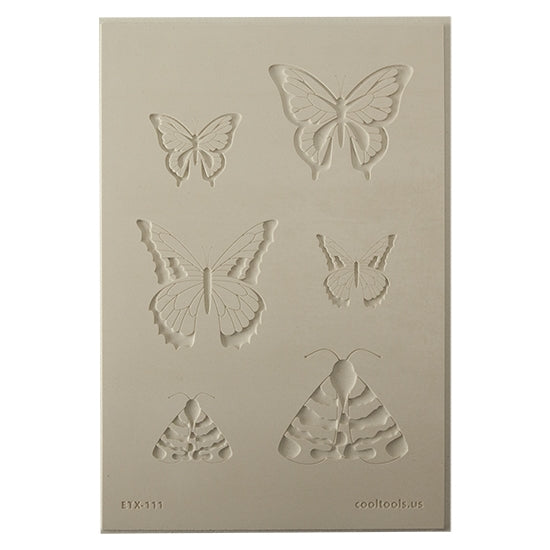 Jewelry Artist Elements - Texture - Butterfly 4 . Embossed elements. Impress clay, then use a Jewelry Shape Template for the shape or cut out with a needle tool. Jewelry Artist Elements are flexible, washable and can be used with any soft clay. Spritz with CoolSlip or dust on Dry Powder Release for stick-free impressions when using metal clay and polymer clay.