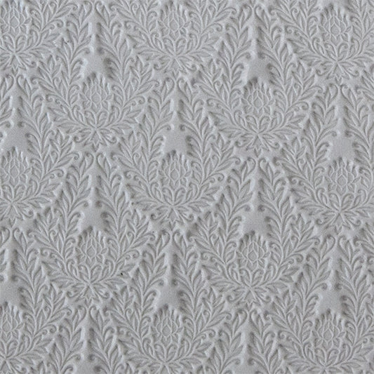 Clay sample of Long Mega Texture Tile - Blooming Lotus First  Even longer than our Mega Tiles, these textures measure 6" x 12" which makes them perfect for both large and small projects. Long Mega Texture Tiles are flexible, washable and can be used with any soft clay. Spritz with CoolSlip or dust on Dry Powder Release for stick-free impressions when using metal clay and polymer clay.