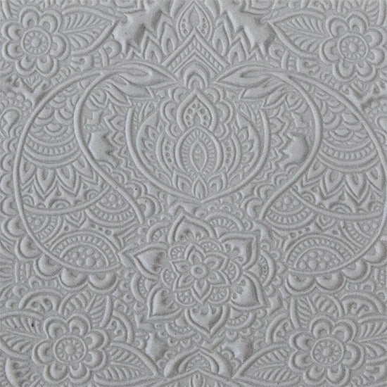 clay sample of Long Mega Texture Tile - Paisley Play Even longer than our Mega Tiles, these textures measure 6" x 12" which makes them perfect for both large and small projects. Long Mega Texture Tiles are flexible, washable and can be used with any soft clay. Spritz with CoolSlip or dust on Dry Powder Release for stick-free impressions when using metal clay and polymer clay.