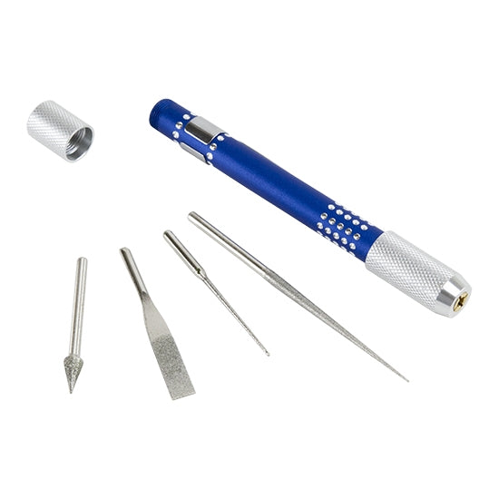 Diamond Bead Reamer Set/4 with blue metal handle and 4 metal reamers