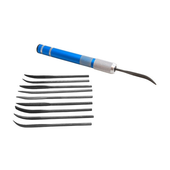 Riffler Set with Handle 10 piece single-ended rifflers fit into a specially made aluminum handle. The handle features a quick release steel chuck. Handles are made of anodized aluminum.