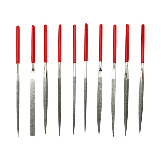 Diamond Needle File Set Each economy diamond needle file is 5.5" long with medium grit diamond electroplated onto high-grade steel. Set includes: round, half-round, flat, three-square, square, warding, slitting, oval, knife, and barrette. each have red grips