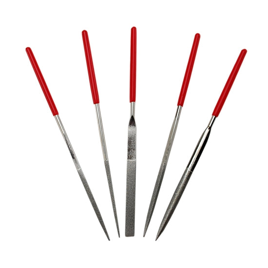 Diamond Needle File Set Each economy diamond needle file is 5-1/2" long with medium grit diamond electroplated onto high-grade stainless steel. Set includes: round, half-round, flat, three-square, and square.  each has red grips