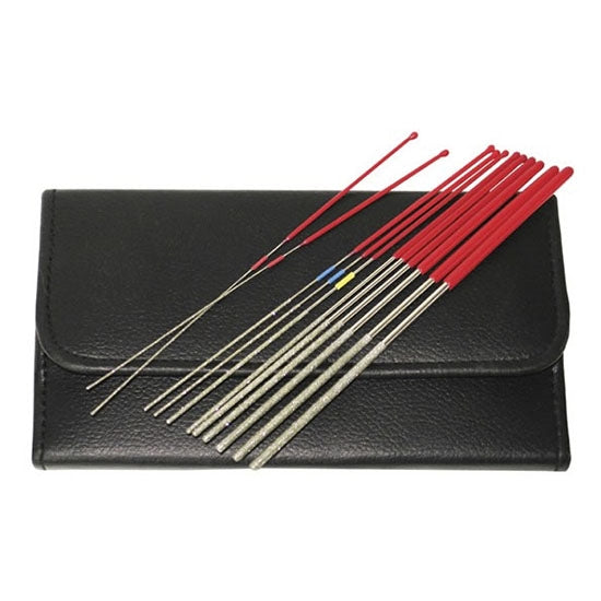 Diamond Micro Round Files - Set of 12 This 12-piece Super-Hard, Flexible and Diamond-Coated Round File set are specially designed for small spaces. This set comes in a premium quality holster with a magnetic clasp. Files have red handles