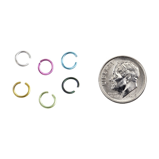 6 Colored Metal Open Jump Rings - Multi Color - Round 6mm 20 Gauge with dime