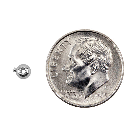 Magical Crimp Loks - Silver Plate Brass component with silver plate finish. Insert the looped end of .012" - .019" diameter beading wire through the hole. Using a chain or flat nose pliers, firmly press the stopper against the wire. with dime