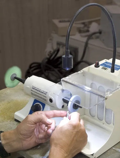 person using Foredom® Polishing Lathe Filter Hood