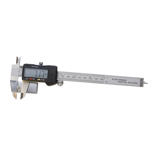 Digital Caliper - Deluxe  Caliper will measure inside, outside and depth. Features a fine adjustment thumb wheel and zero set button. Comes in a protective nylon carrying case with foam padding and one spare battery. Maximum opening 6"