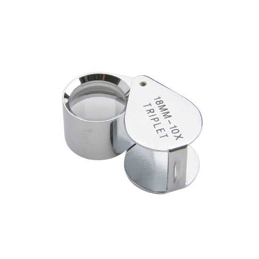 Loupe - Triplet 10X Use to inspect gems, surfaces and details. A 10X loupe is the standard for gemstone clarity and color grading. Color-corrected, 3-piece bonded lenses give distortion-free viewing at 1" focal length. Includes leather case. 10X means it magnifies 10 times, and is expressed as "ten power".