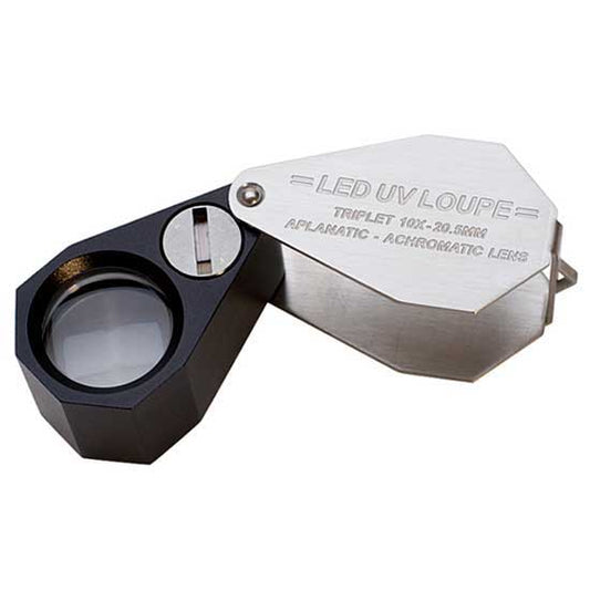 Triplet 10X Lighted Loupe Use to inspect gems, surfaces and details. 10X loupe is standard for gemstone clarity and color grading. The bright white light source is switchable to UV light for gem grading and identification.