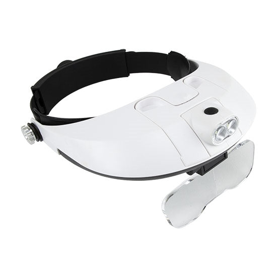 Headband Magnifier with Light and Lens Set Use to magnify work.This headband magnifier with light and comfortable and easily adjustable headband offers the most versatility of any headband magnifier made. Comes with four clearly marked lens plates, 1.2X, 1.8X, 2.5X, and 3.5X that easily snap on and off. Center positioned swivel 2.2V/0.75A lamp gives pinpoint lighting in hard-to-see situations (runs on three AAA batteries). This is the ultimate in lighted headband magnifiers.