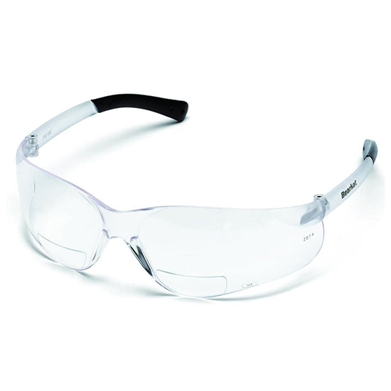 Magnifier Safety Glasses - Bifocal These Magnifying safety glasses have a well thought-out construction, which combines the best in safety, comfort, and affordability! Your vision is unobstructed by the frameless one-piece wraparound lens, which by its secure fit allows you maximum safety. Comfort is enhanced by the flexible temples and the non-slip temple sleeves are notched on the end to accept a clip-on breakaway cord!