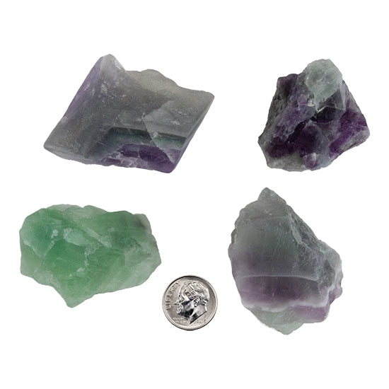 4 Large Natural Fluorite Rough Raw Gemstone Rough natural Fluorite nuggets for jewelry making. 3/4" to 2" nuggets for settings or wire wrapping. You will receive between 200-250 grams of various shapes and sizes with dime