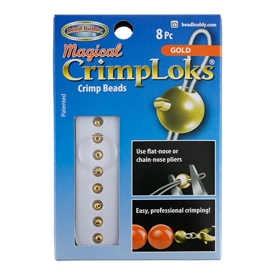 Magical Crimp Loks - Gold Plate .02mm Pkg - 8 Create a professional and secure crimp with ease!  Brass component with gold plate finish. Insert the looped end of .012" - .019" diameter beading wire through the hole. Using a chain or flat nose pliers, firmly press the stopper against the wire.