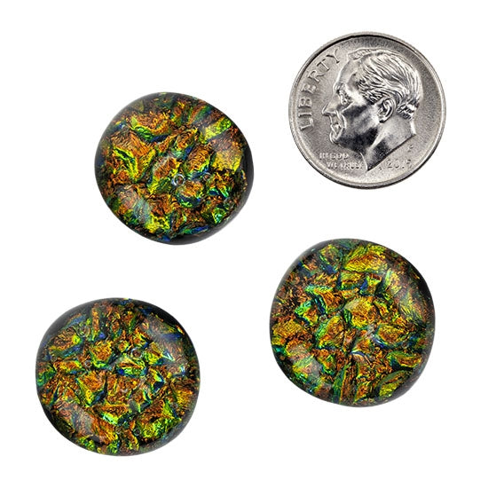 3 Dichroic Cabochons - Orange Green - Round with dime