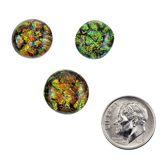 3 Dichroic Cabochons - Orange Green - Round with dime