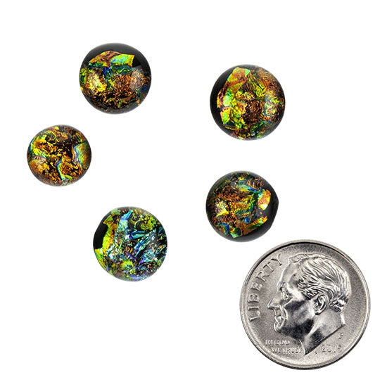 5 Dichroic Cabochons - Orange Green - Round with dime