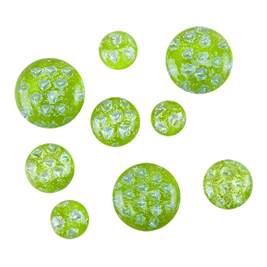 various sizes of Dichroic Cabochons - Spring Green Geometrics - Round