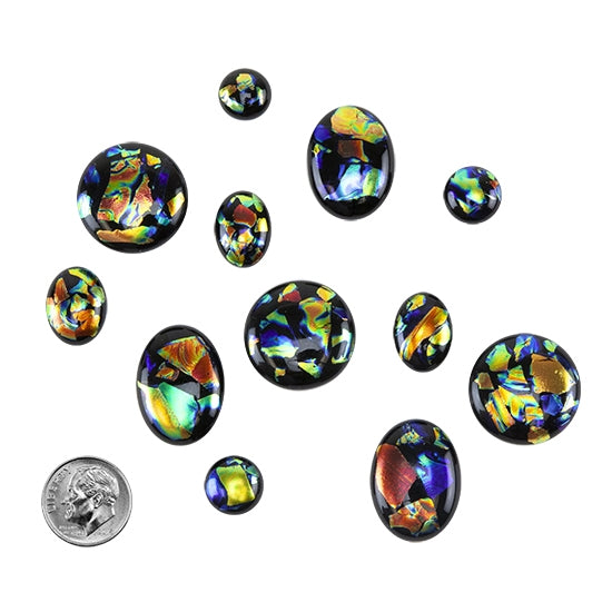 various sizes of Dichroic Cabochons - Black Opalescent with dime