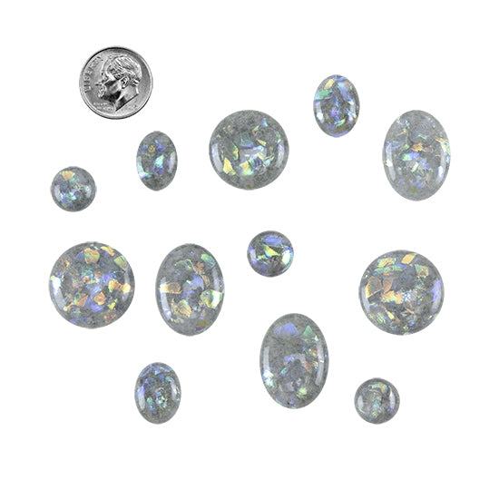 various sizes and shapes of Dichroic Cabochons - Light Silver Grey with dime