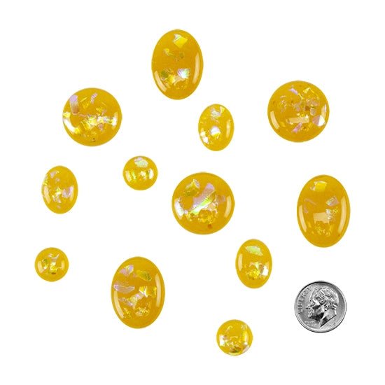 various sizes and shapes Dichroic Cabochons - Golden Honey with dime