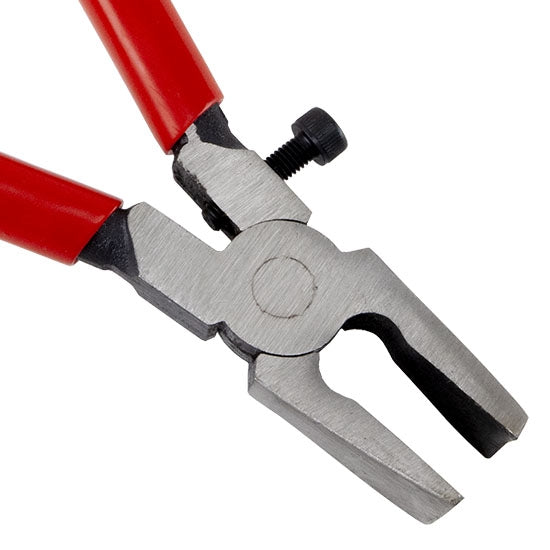 red gripped Studio Pro Running Plier - 1" Use running pliers to "run" a score along glass and break glass pieces with ease. Simply position the jaws of these durable metal pliers at the end of your score on the edge of the glass, and gently squeeze for a clean break. Convenient centering mark helps the curved jaw to exert equal pressure on each side of the score. Measures 8" long.