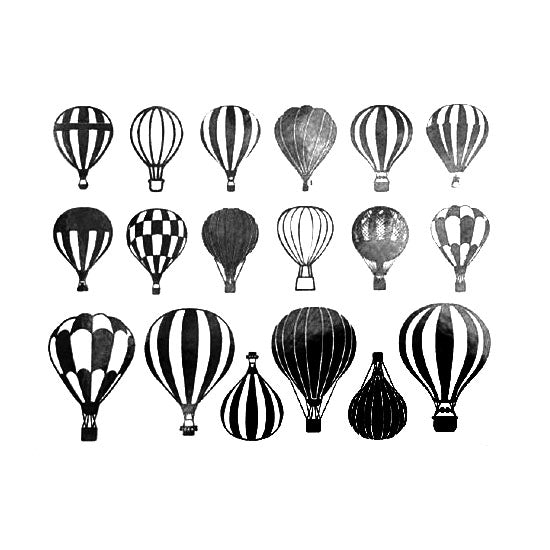 Enamel, Ceramic & Glass Decals - Hot Air Balloon The Hot Air Balloon sheet has 18 finely detailed hot air balloons. These decals are available in 4 colors: black, gold luster, silver luster and copper luster.