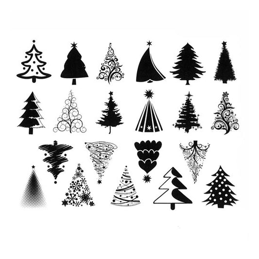 Enamel, Ceramic & Glass Decals - Christmas Tree The Christmas Tree sheet has 21 finely detailed Christmas trees. These decals are available in 4 colors: black, gold luster, silver luster and copper luster