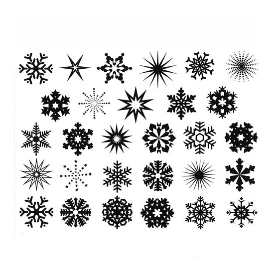 Enamel, Ceramic & Glass Decals - Small Snowflake The Small Snowflake sheet has 29 finely detailed snowflake decals. These decals are available in 4 colors: black, gold luster, silver luster and copper luster. 