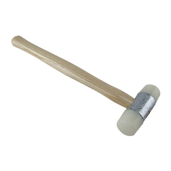 Hammer - Nylon Use a nylon hammer to shape or harden workpieces without leaving marks.  Seasoned ash handle, drop-forged head and 2 replaceable nylon faces