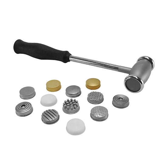 Interchangeable Hammer - 12 Texture Faces. Each face is easily and securely attached with a threaded collar. Six textured stainless steel head designs include wide circles, dots, stripes, thin circles, speckles and weave. Three smooth heads in nylon, stainless steel and brass. Three domed heads in nylon, stainless steel and brass.