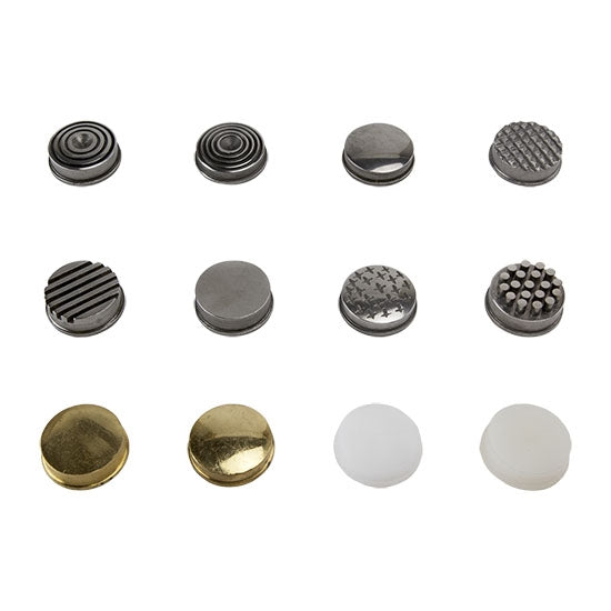 Interchangeable Hammer - 12 Texture Faces. Each face is easily and securely attached with a threaded collar. Six textured stainless steel head designs include wide circles, dots, stripes, thin circles, speckles and weave. Three smooth heads in nylon, stainless steel and brass. Three domed heads in nylon, stainless steel and brass.