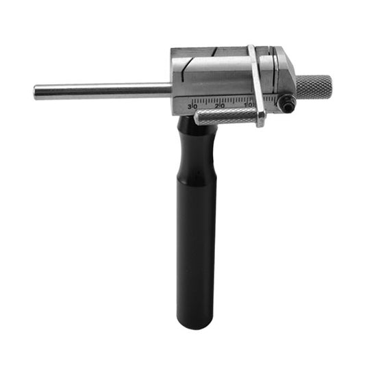 Premium Hand Held Tube Cutting Jig Used to hold tubing or rods up to 1/8" diameter while making perfectly straight cuts. Also offers a 45° angle optional cut. Make equal cuts with the graduated scale on the side that ranges from 0 to 30mm. Overall hei