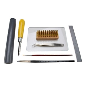 Economy Metal Clay Starter Kit: Brass buff Tissue blade Fine Point Stainless Steel Tweezers Curved burnisher Clay shaping tool Water/Paste brush Economy Roller Acrylic work surface & snake maker