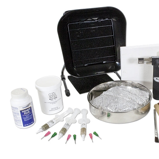 Soldering Starter Kit At a discounted rate, this kit comes with everything you need to get started in soldering.  Kit Includes: Flux Brush - 3/8" Pickle Pot Copper Pickle Tongs - Curved Handy Flux Silver Solder Paste - Hard 1/4 oz Silver Solder Paste - Medium 1/4 oz Solder Solder Paste - Easy 1/4 oz Solder Pick - Wood Handle Soldering Board - Honeycomb Soldering Board - Soft Annealing Pan with Pumice - 7" Diameter Fume Extractor Third Hand - Double Micro Torch Tweezers - Fibergrip Jumbo