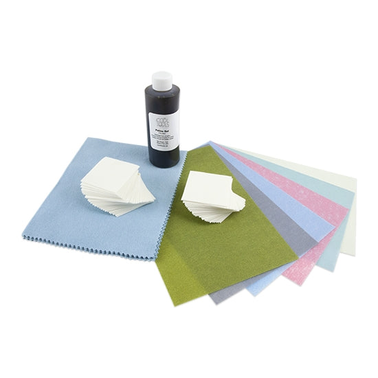 Metal Clay Polishing & Patina Kit - Patina Gel 3M Polishing papers 1 sheet each: 400 grit (green) 600 grit (grey) 1200 grit (blue) 4000 grit (pink) 6000 grit (mint) 8000 grit (pale green) Anti-tarnish Polishing Cloth 4 oz Cool Tools Patina Gel Shine Rite Polishing Pads - Pkg/50