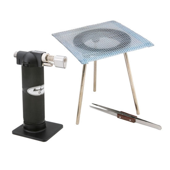 Torch Firing Kit with Tripod Includes the Micro Torch adjustable flame butane torch, firing tripod with stainless mesh screen, fiber board and fiber grip tweezers.