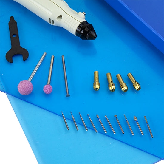 Micro Rotary Hand Tool Kit The Micro Rotary Hand Tool Kit includes:  Cordless Rotary Tool Micro Diamond Burs Set/10 in Stand 4mm Knife Edge Wheel Diamond Bur Round Pink grinding stone 1/2" Round Pink Grinding Stone 3/8" Brass Collet Set (1/32", 1/16", 3/32", 1/8") 2 pieces of Clear Acrylic for assembling Safety shield Sanding Tray