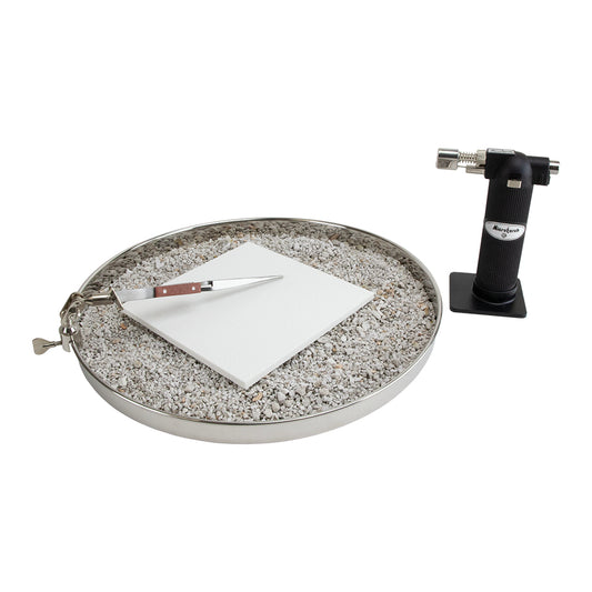 Torch Firing Kit with Rotating Pan Solder or fire fine silver clays with this kit. Includes the Micro Torch adjustable flame butane torch, firing shelf and a rotating pan with pumice and a detachable third hand.