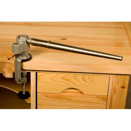 Mandrel - Ring Mandrel with 360 Degree Vise Holds a single mandrel to allow working from all angles.  Quality mandrel and vise clamps to a table top and allows the mandrel to be positioned at any angle. The ball rotates a full 360 degrees and locks in place where you want. Stainless steel mandrel. Vise features soft grip pads to protect table surface. Ring sizes 1 - 15.