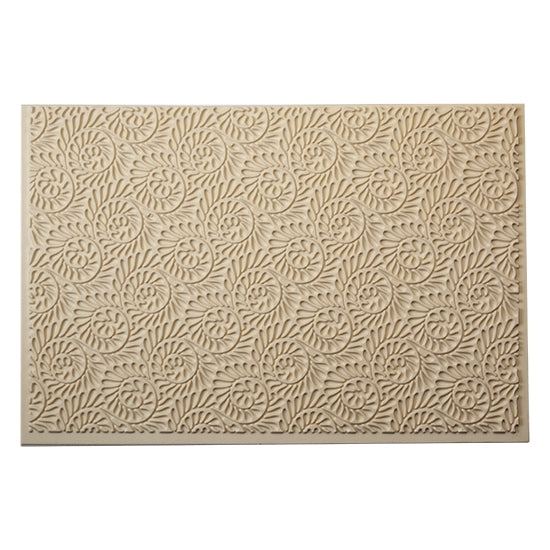 Mega Texture Tile - Fiddlehead Fern Embossed. Use to impress texture in soft clays. Mega Texture Tiles are perfect for projects both large and small. Mega Tiles measure 9-1/4" x 6" and are about 7 times larger than Texture Tiles. These textures are flexible, washable and can be used with any soft clay.