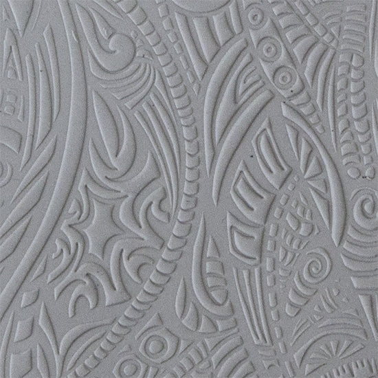 sample in clay of Mega Texture Tile - Tribal Zen Multi-Tangle. Use to impress texture in soft clays. Mega Texture Tiles are perfect for projects both large and small. Mega Tiles measure 9-1/4" x 6" and are about 7 times larger than Texture Tiles. These textures are flexible, washable and can be used with any soft clay.