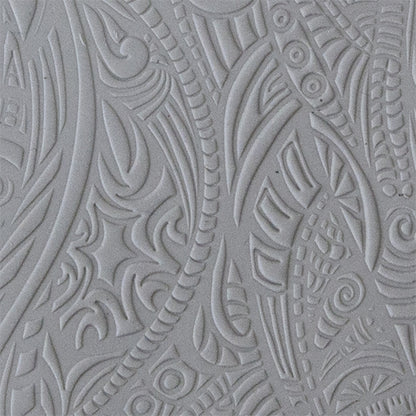 sample in clay of Mega Texture Tile - Tribal Zen Multi-Tangle. Use to impress texture in soft clays. Mega Texture Tiles are perfect for projects both large and small. Mega Tiles measure 9-1/4" x 6" and are about 7 times larger than Texture Tiles. These textures are flexible, washable and can be used with any soft clay.