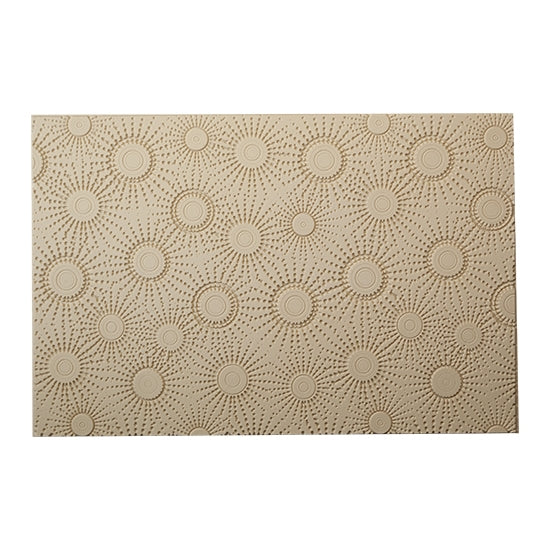 Mega Texture Tile - Sun Spots Embossed. Use to impress texture in soft clays. Mega Texture Tiles are perfect for projects both large and small. Mega Tiles measure 9-1/4" x 6" and are about 7 times larger than Texture Tiles. These textures are flexible, washable and can be used with any soft clay.