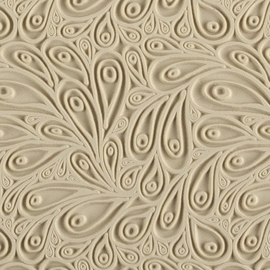 Mega Texture Tile - Peacock Embossed. Use to impress texture in soft clays. Mega Texture Tiles are perfect for projects both large and small. Mega Tiles measure 9-1/4" x 6" and are about 7 times larger than Texture Tiles. These textures are flexible, washable and can be used with any soft clay.