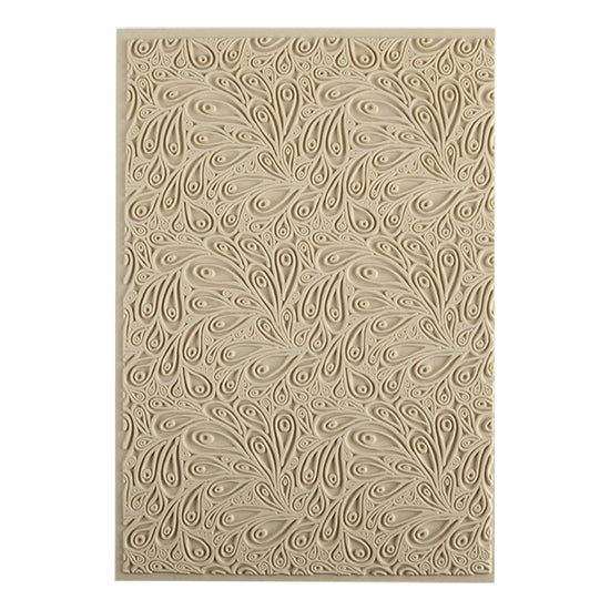 Mega Texture Tile - Peacock Embossed. Use to impress texture in soft clays. Mega Texture Tiles are perfect for projects both large and small. Mega Tiles measure 9-1/4" x 6" and are about 7 times larger than Texture Tiles. These textures are flexible, washable and can be used with any soft clay.